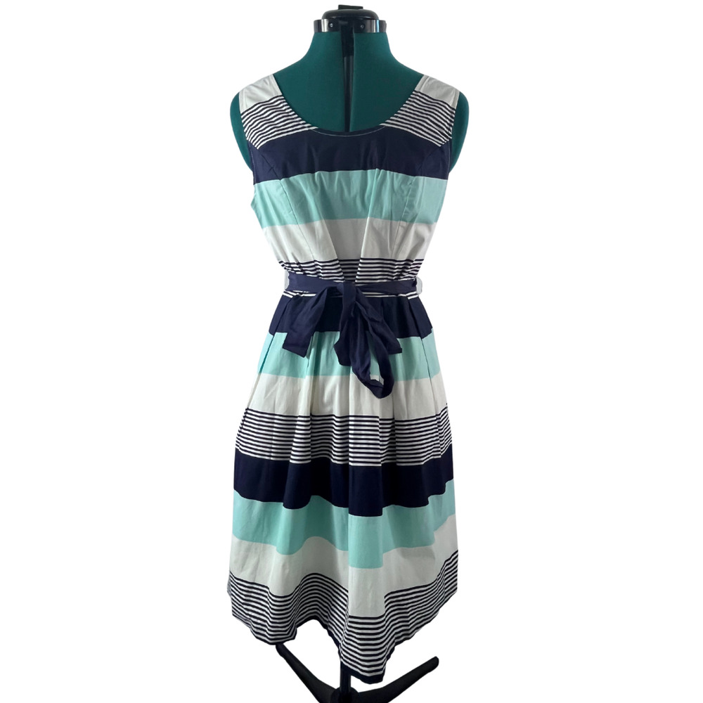41 Hawthorn Size L Stripe Sleeveless Knee Dress Tie Waist Fit & Flare